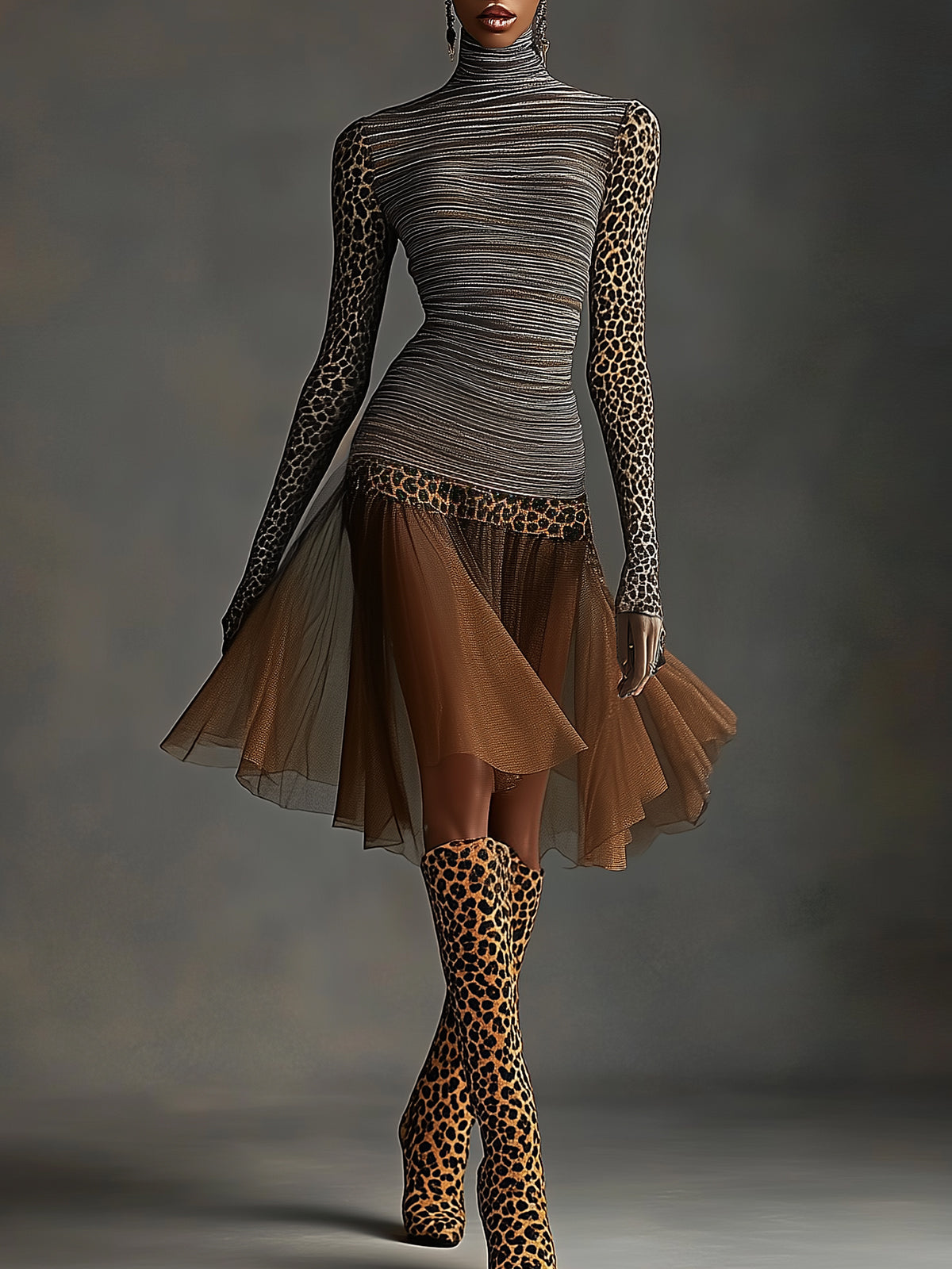 Striped And Leopard Print Sheer Midi Dress