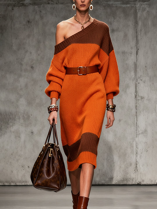 Orange And Brown Asymmetrical Knit Dress With Belted Waist