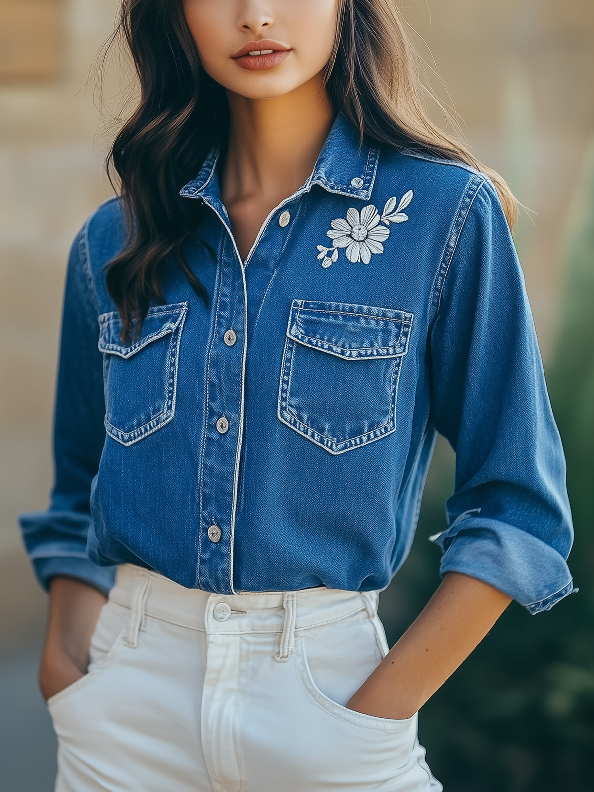 Blue Denim Blouse With Silver Floral Embroidery And Pockets