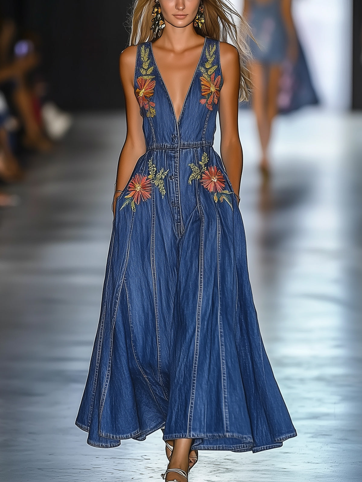 V-Neck Sleeveless Floral Embroidered Denim Maxi Dress With Pockets