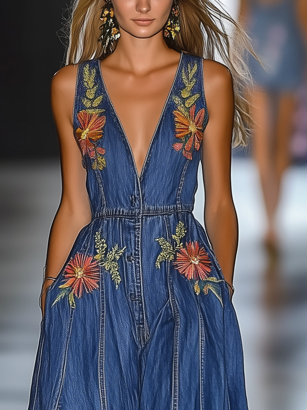 V-Neck Sleeveless Floral Embroidered Denim Maxi Dress With Pockets