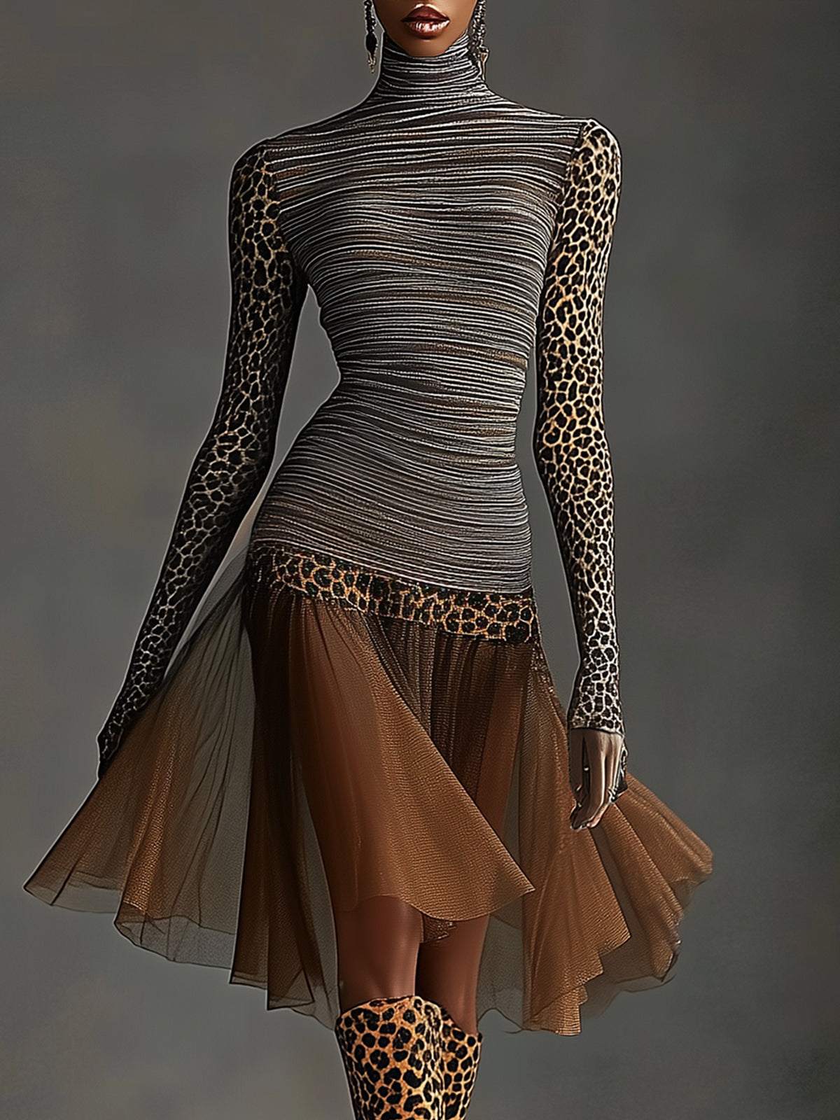 Striped And Leopard Print Sheer Midi Dress