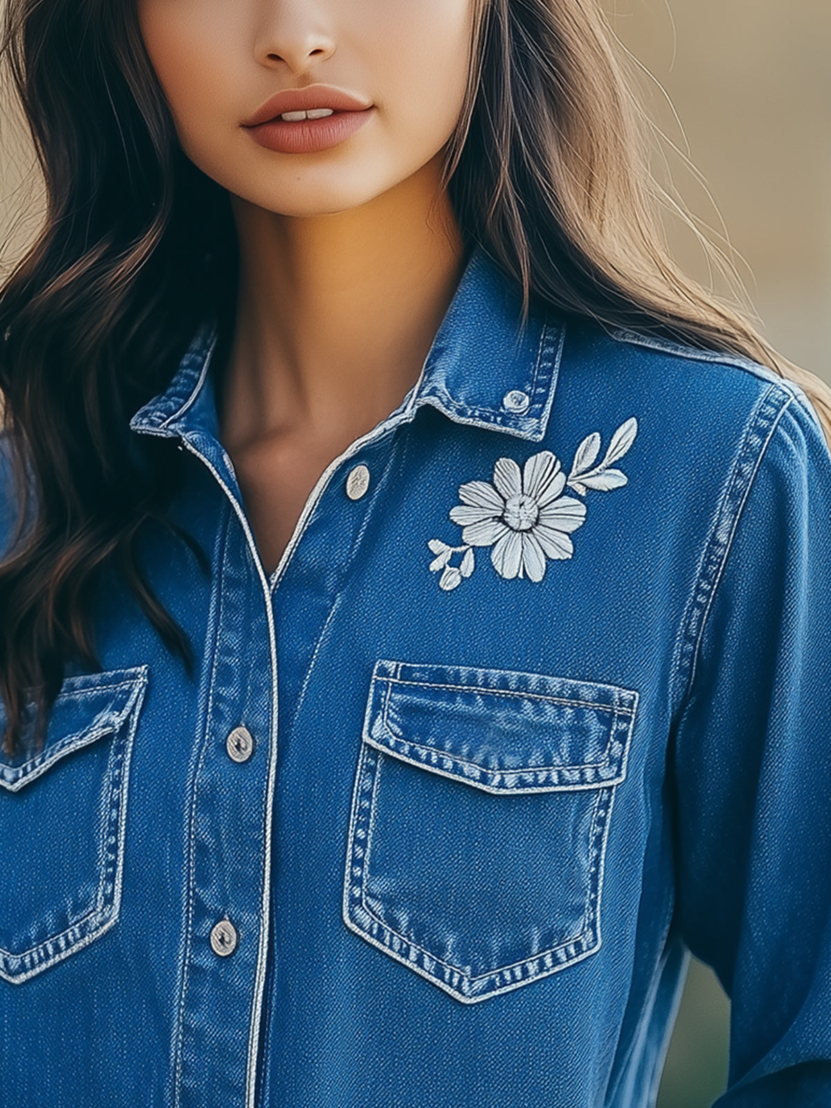 Blue Denim Blouse With Silver Floral Embroidery And Pockets