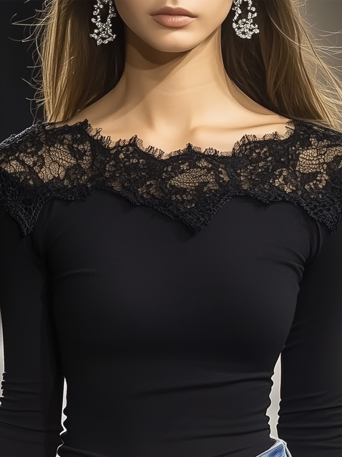 Black Stretch T-Shirt With Lace Collar And Cuffs