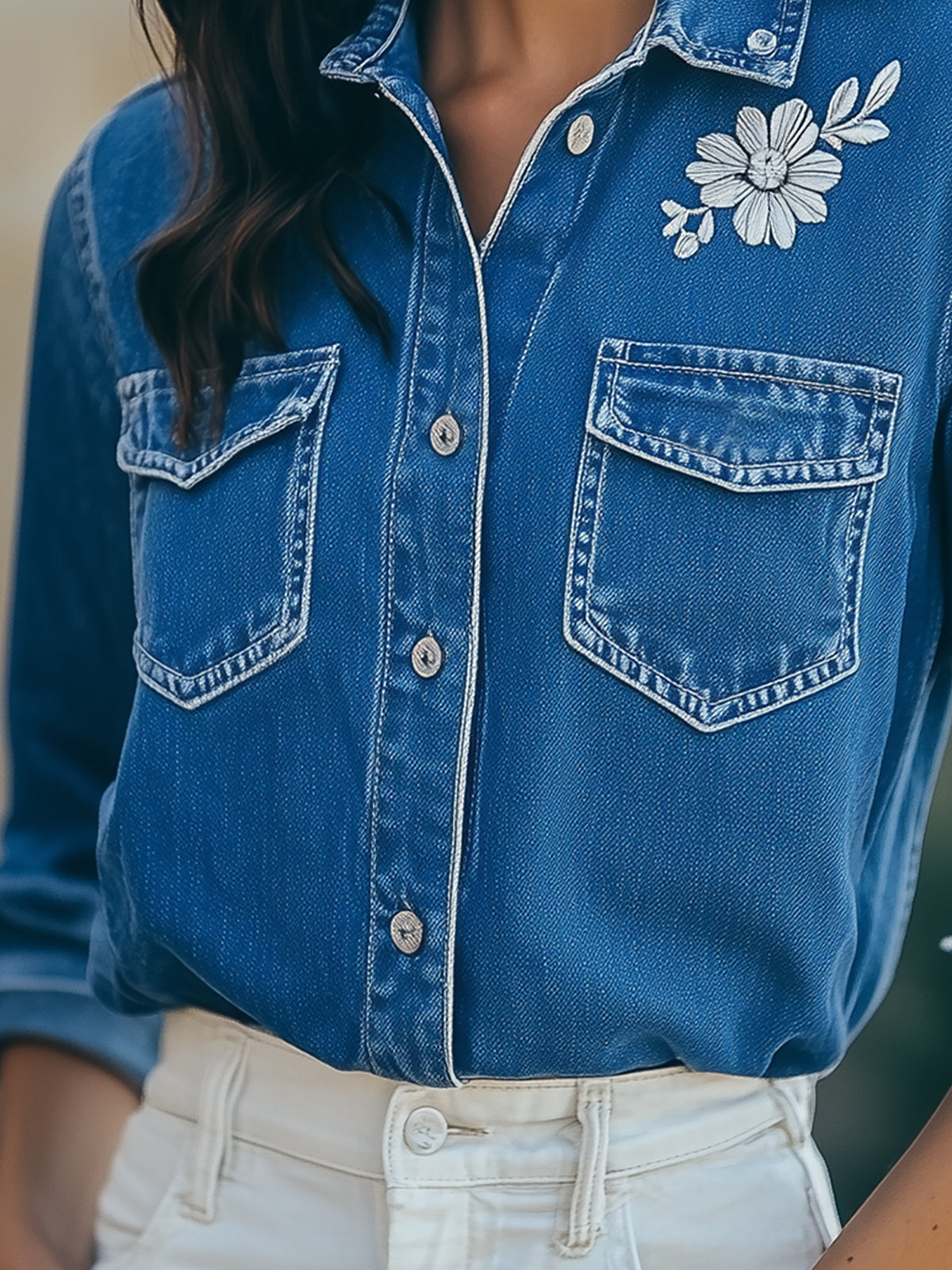 Blue Denim Blouse With Silver Floral Embroidery And Pockets