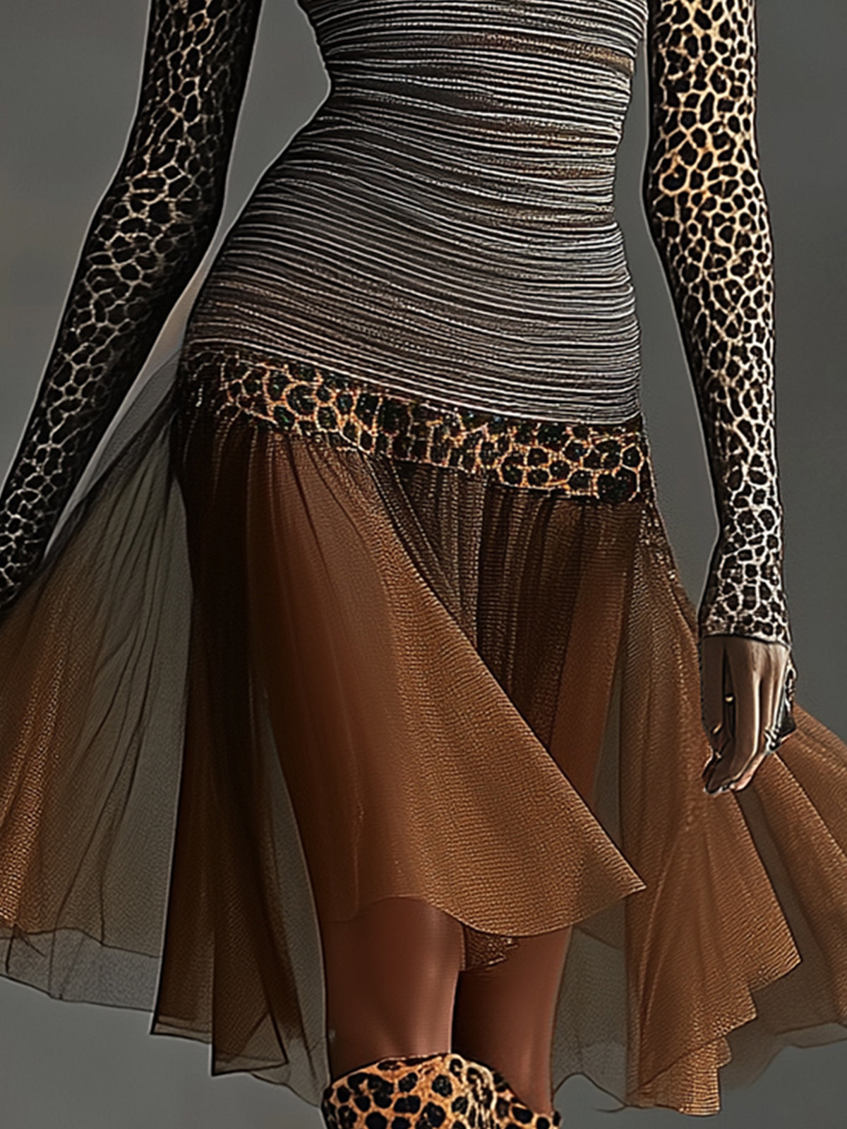 Striped And Leopard Print Sheer Midi Dress