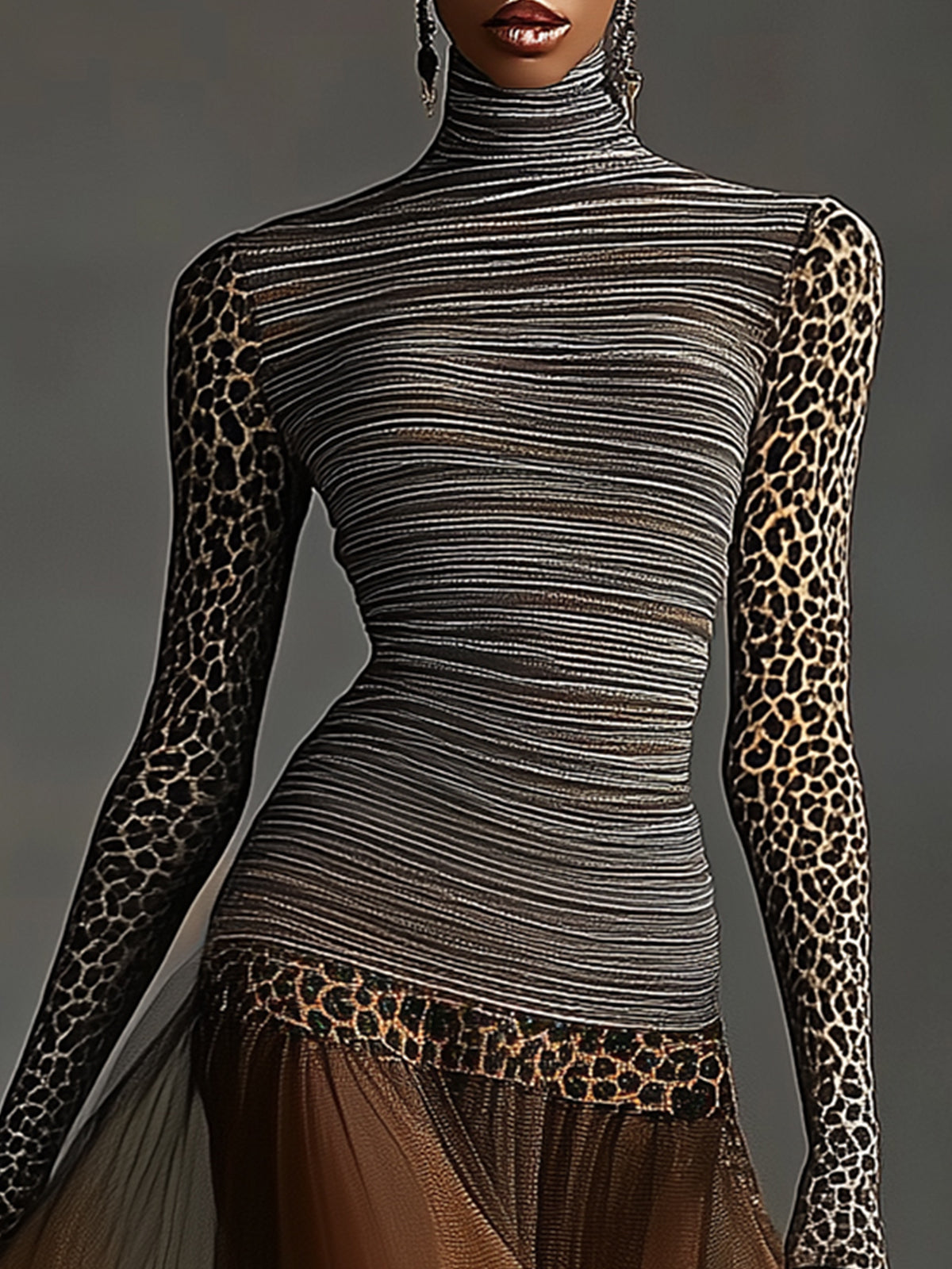 Striped And Leopard Print Sheer Midi Dress