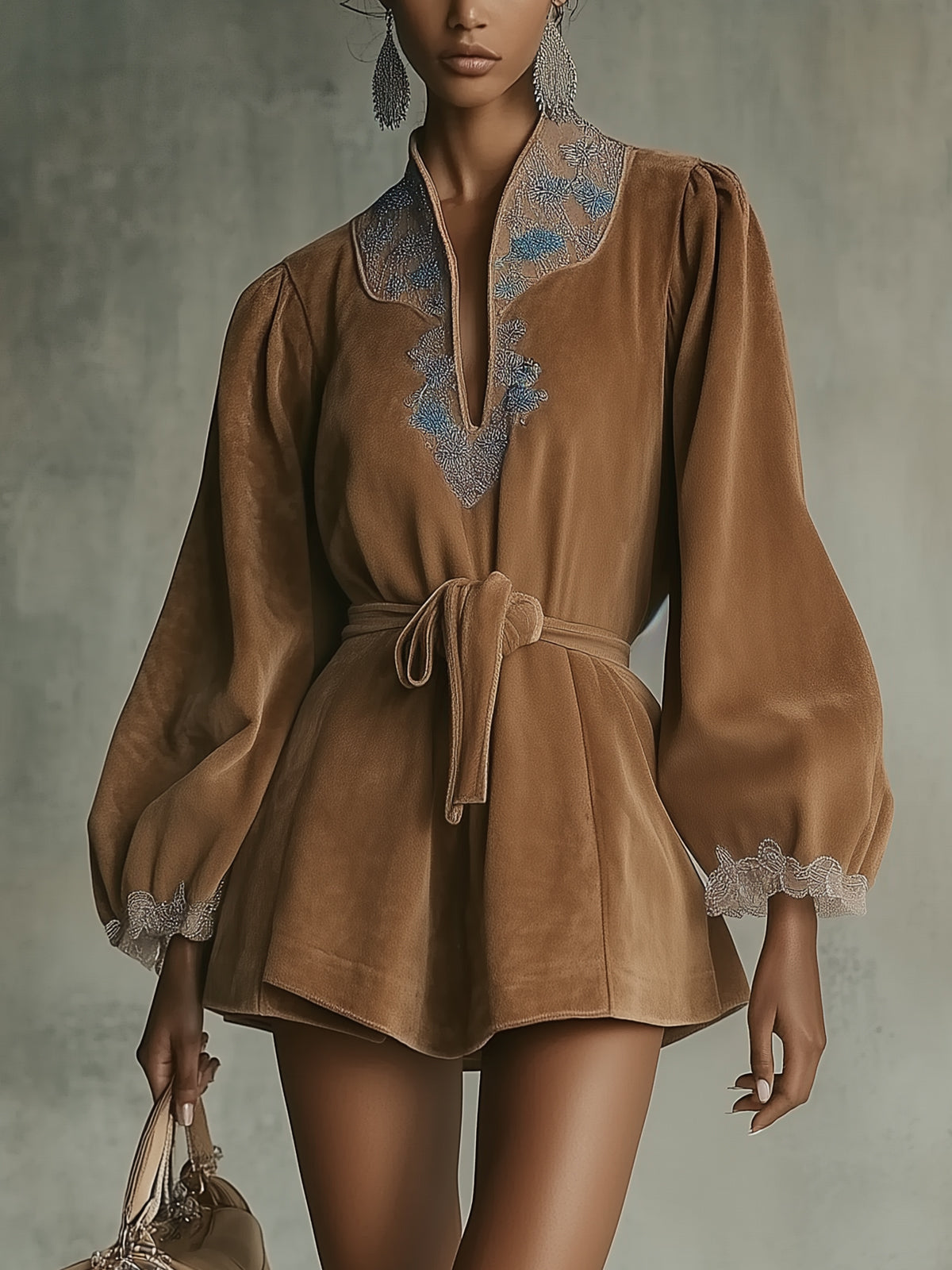 Light Brown Suede Mini Dress With Embroidered Neckline And Lace Cuffs
