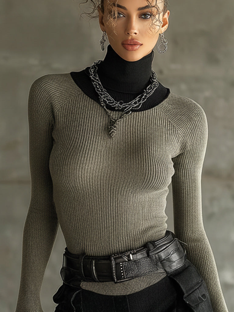 Sage Green Ribbed Turtleneck Flare Sleeve Top