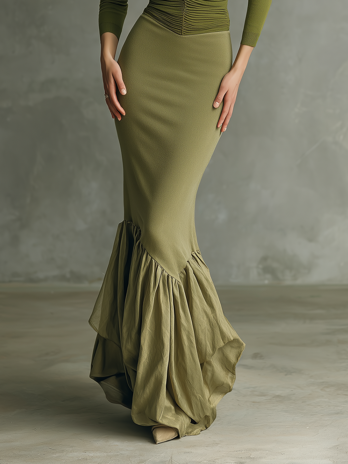 Olive Green Puff Sleeve Maxi dress