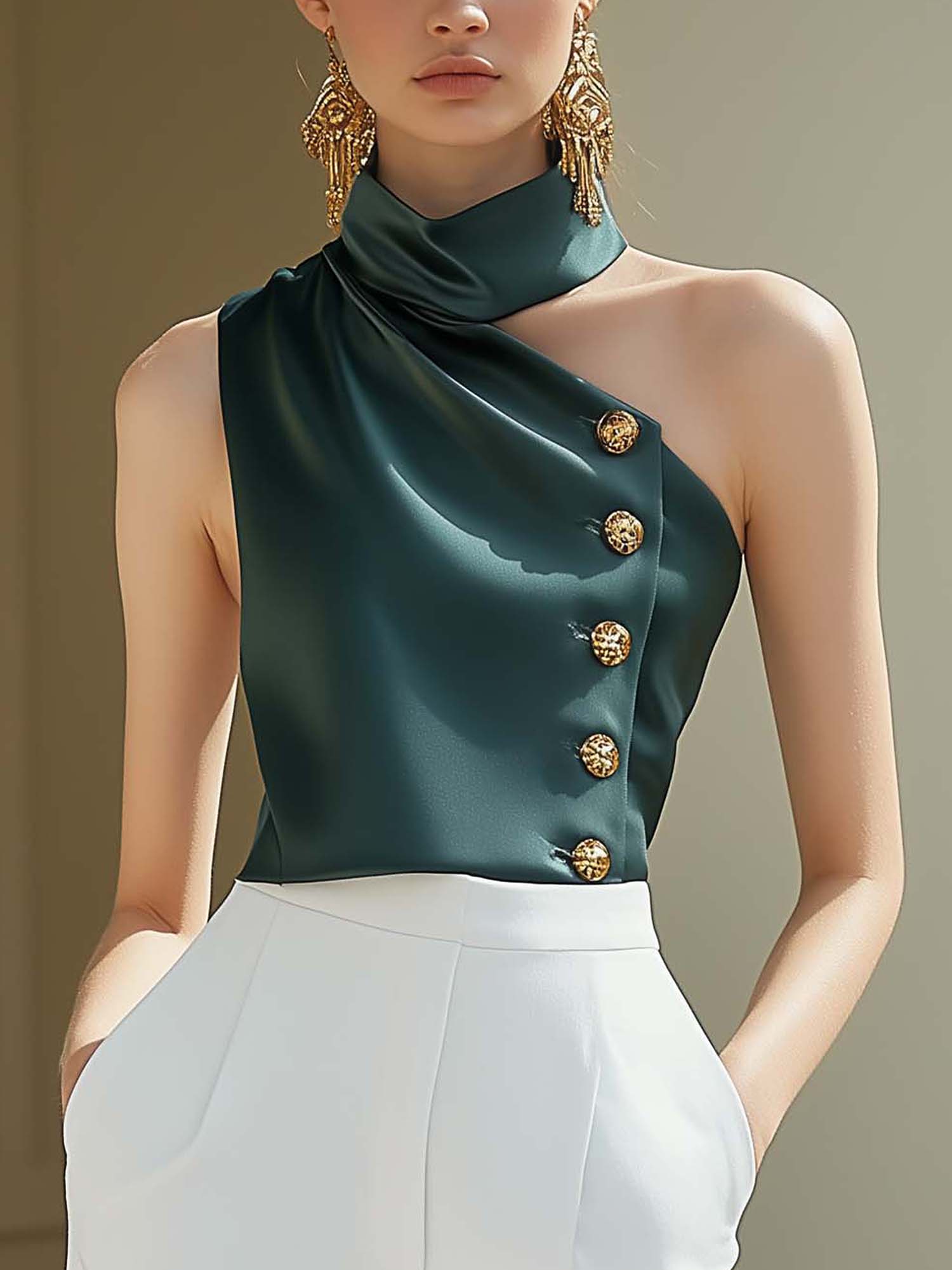 One Shoulder Round Neck Green Satin Shirt With Buttons