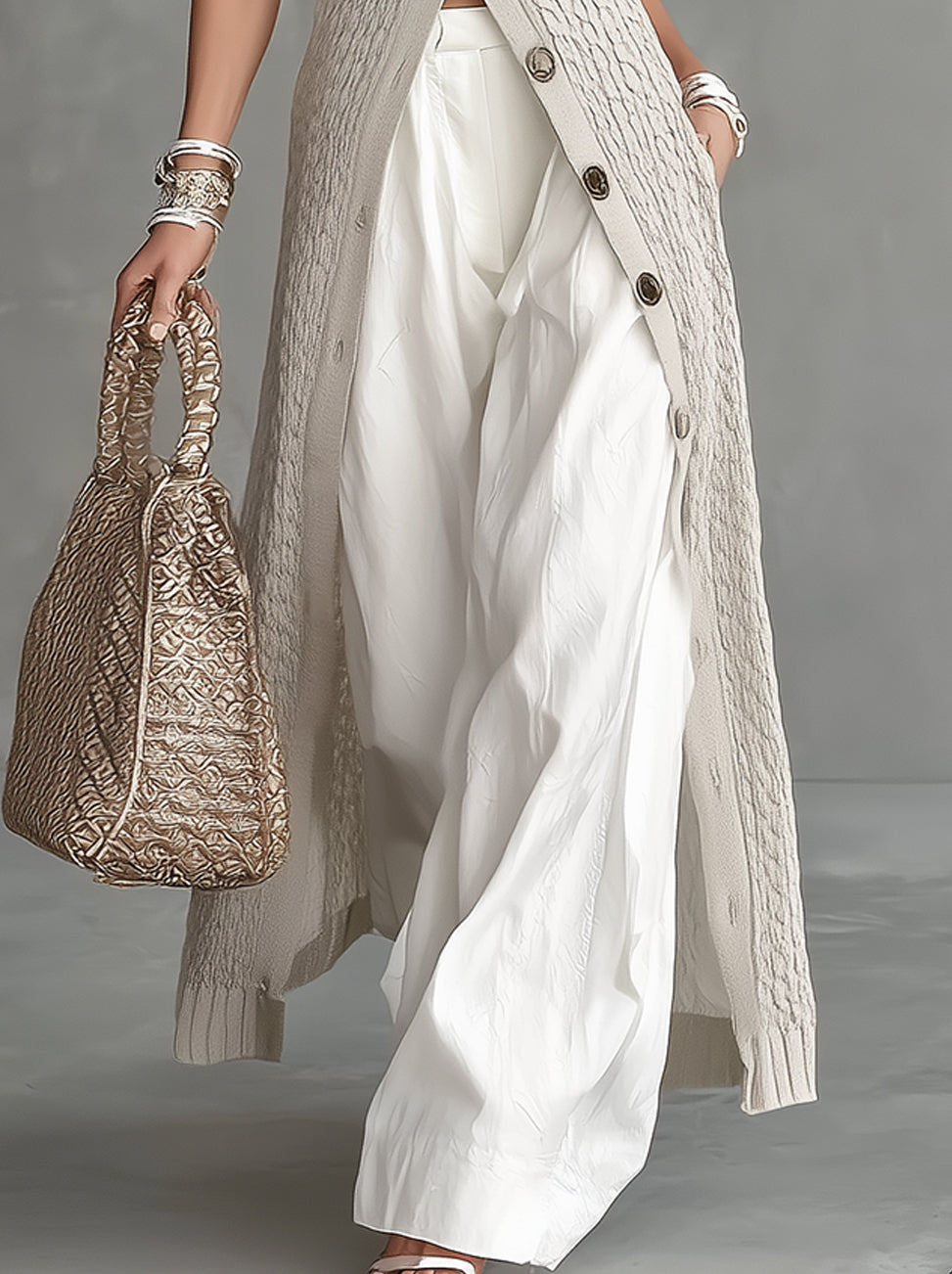 Gray Sleeveless Cable-Knit Maxi Cardigan With Button Front And High Collar