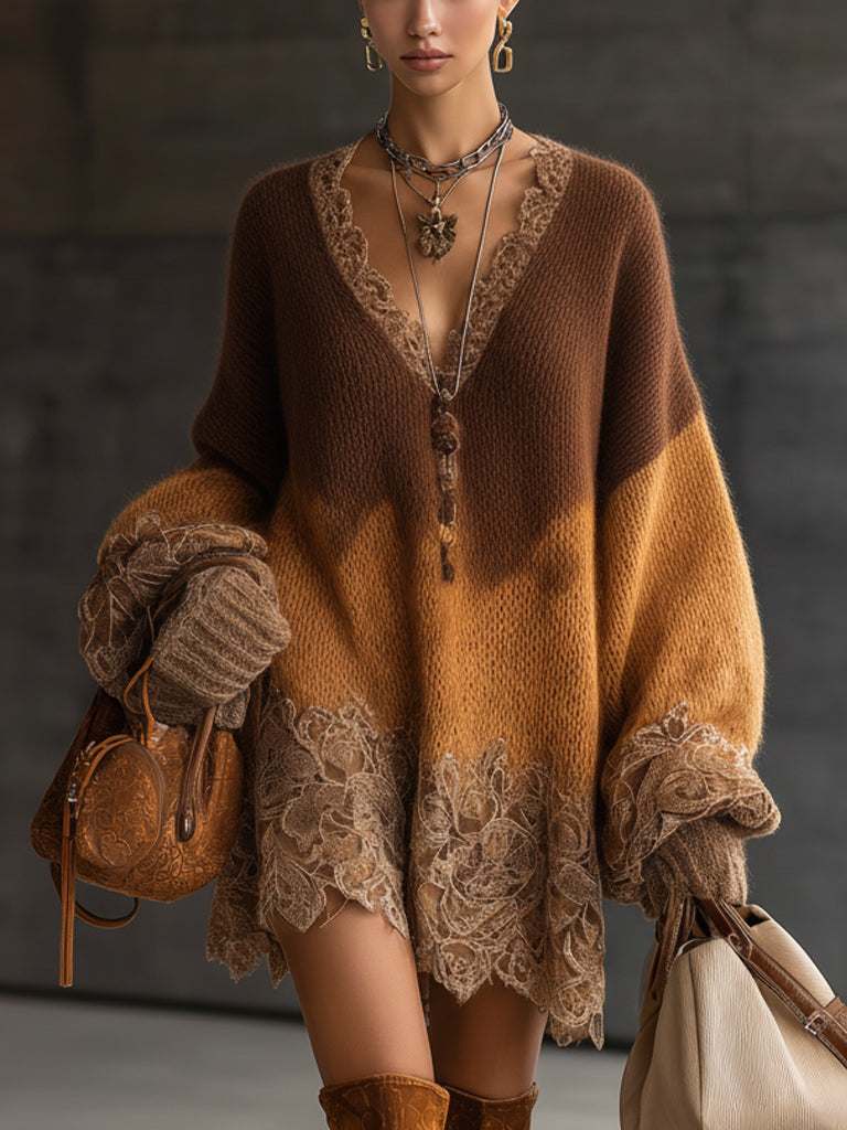 Brown Ombre Knit Lace Oversized Long Sleeve Mini Dress