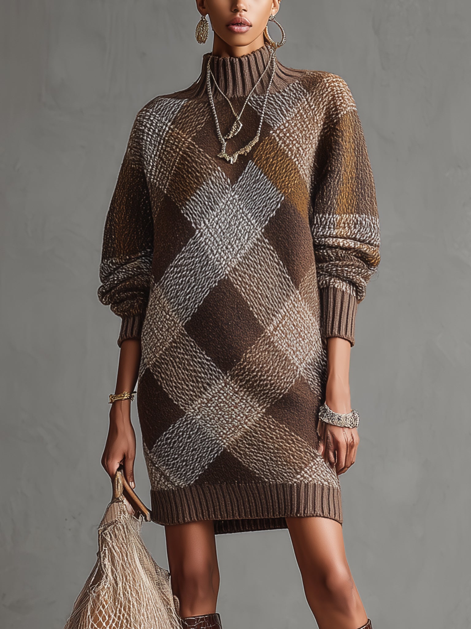 Brown Plaid Turtleneck Knit Long Sleeve Mini Dress