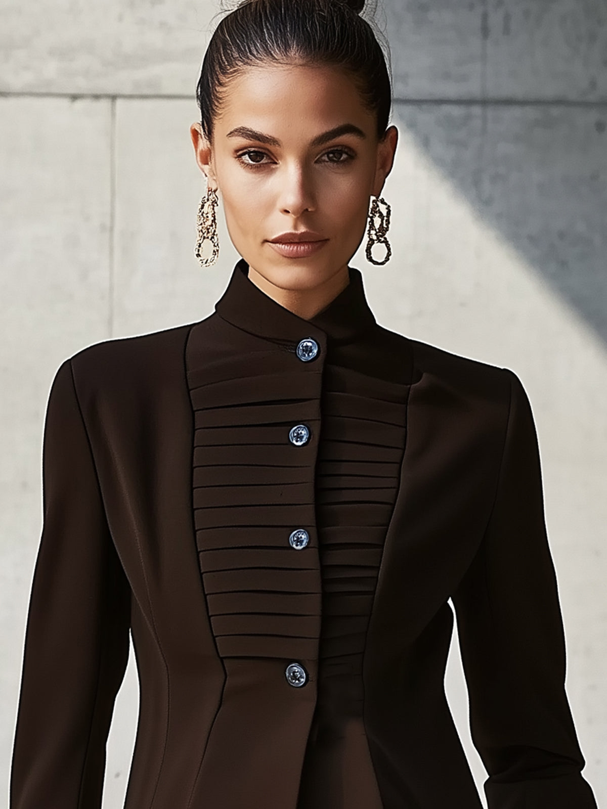 Brown Pleated High-Neck Blazer