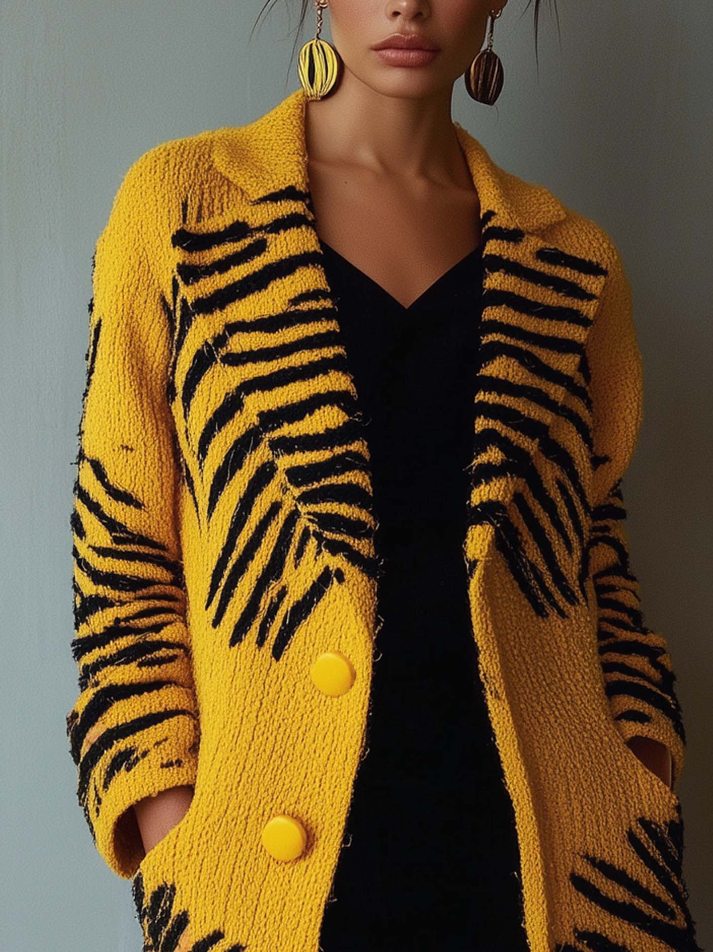 Yellow Knitted Cardigan With Zebra Print
