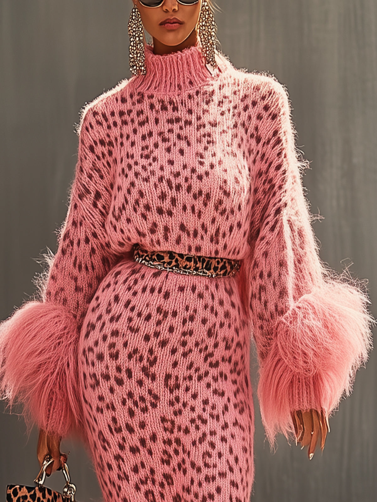 Pink Leopard Print Knit Midi Dress With Fringed Cuffs