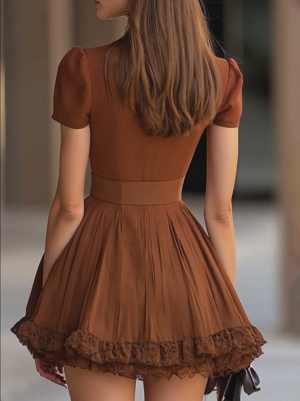 Brown Pleated Dress With Lace Trim