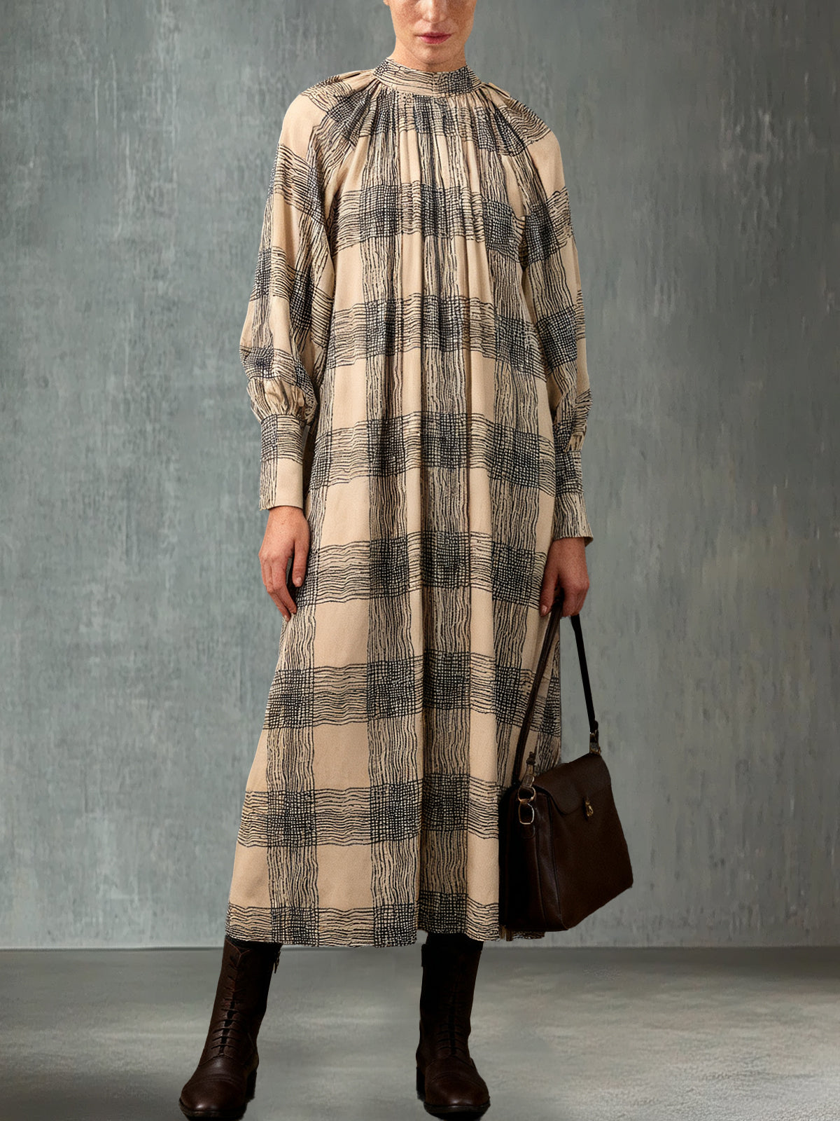 Beige Plaid Long-Sleeve Maxi Dress With High Neck