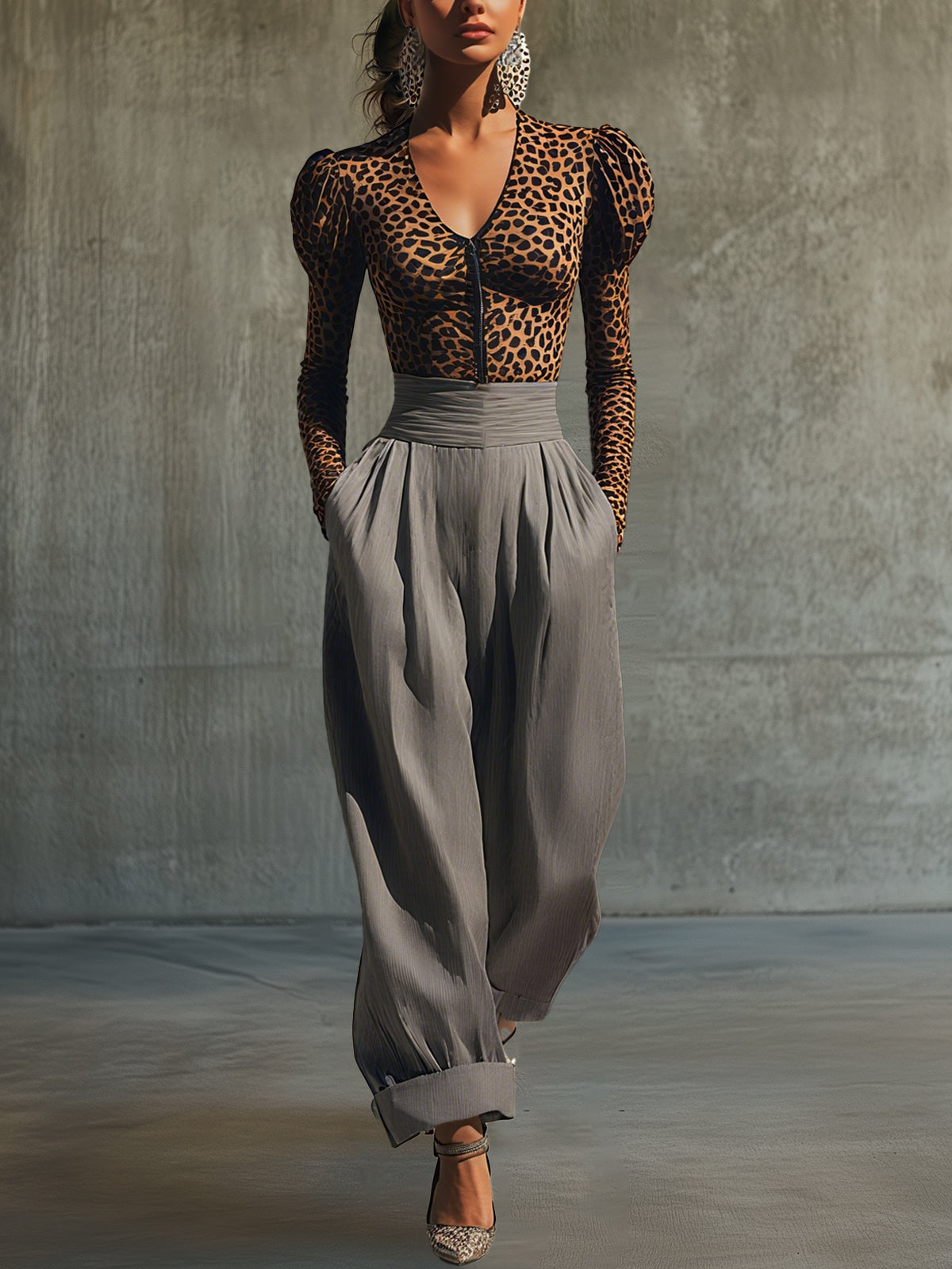 Leopard Print Top And High-Waisted Trousers Set