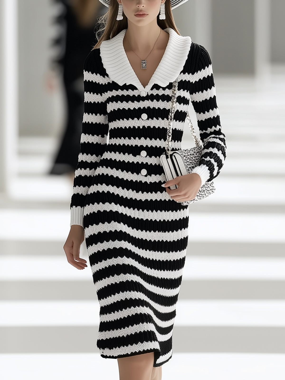 Black And White Striped Knit Dress With Wide Collar