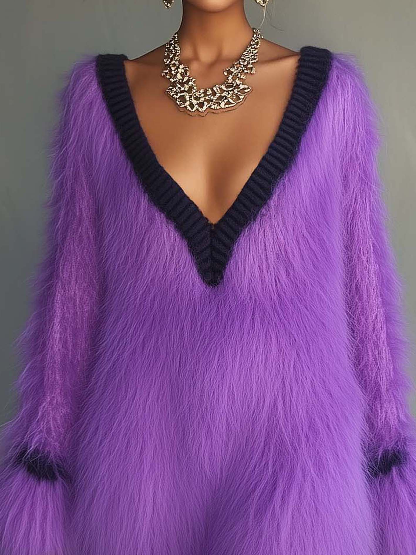 Fuzzy Purple Knit Mini Dress With Black Trim