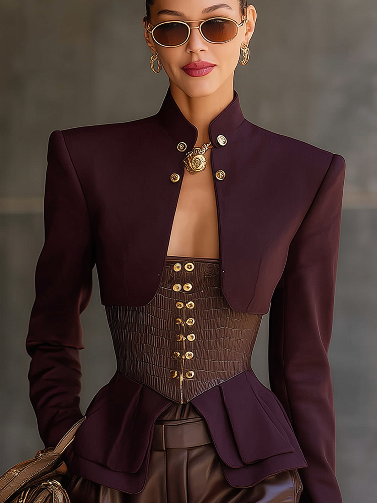 Plum Structured Workshop Set With Concealed Metal Buttons