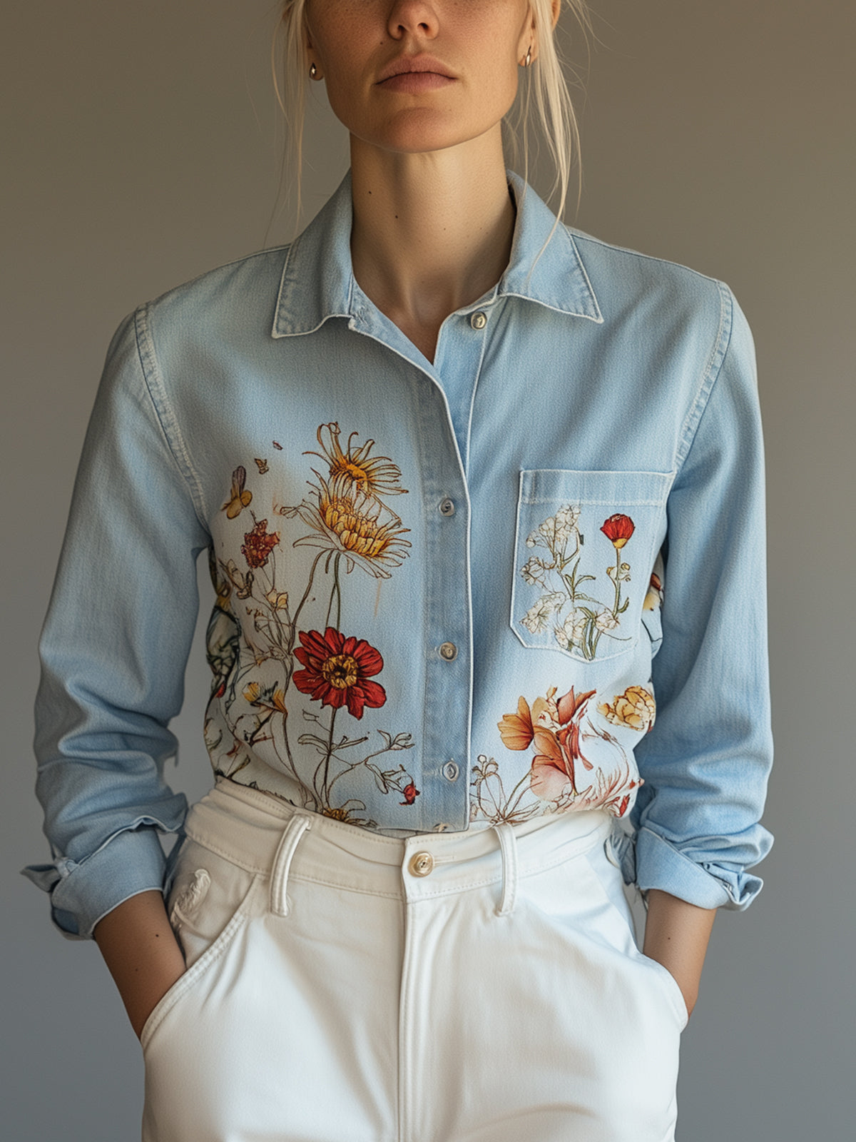 Floral Print Light Blue Denim Blouse