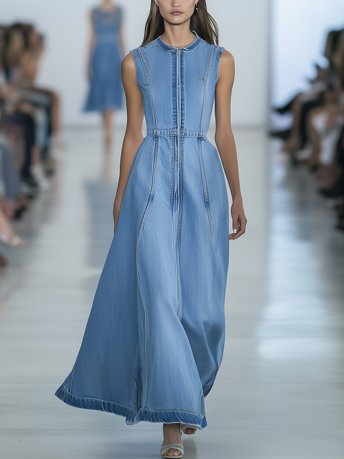 Light Blue Round-Neck Sleeveless Denim Maxi Dress