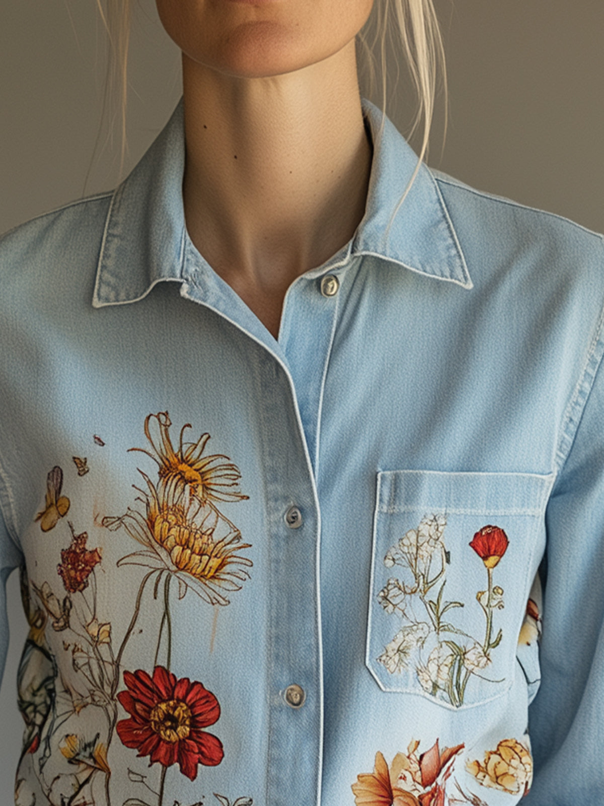 Floral Print Light Blue Denim Blouse