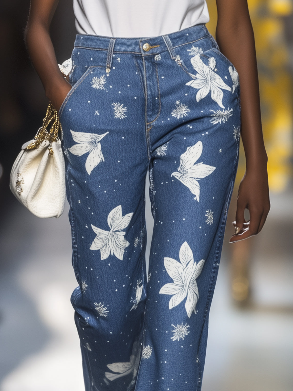 White Floral Print Denim Jeans