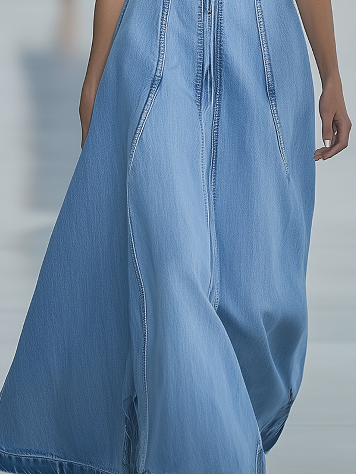 Light Blue Round-Neck Sleeveless Denim Maxi Dress