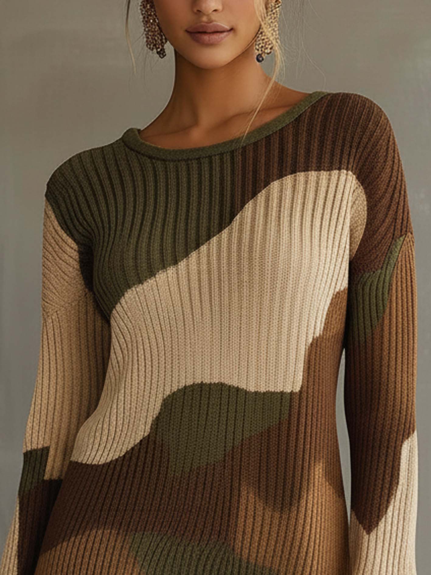 Multicolor Camouflage Pattern And Lace Knitted Mini Dress
