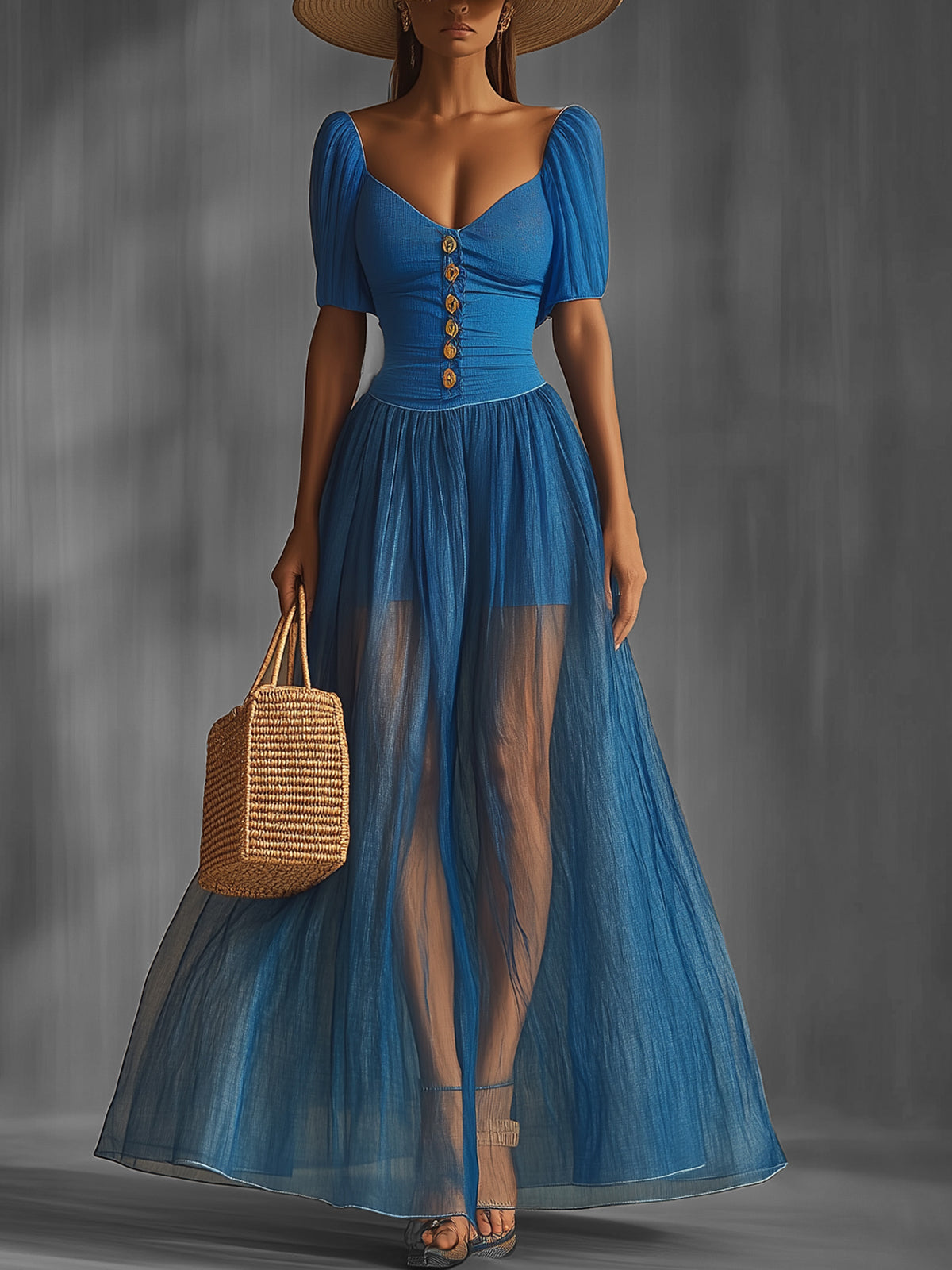 Blue Puff Sleeve Sheer Maxi Dress With Button Detail