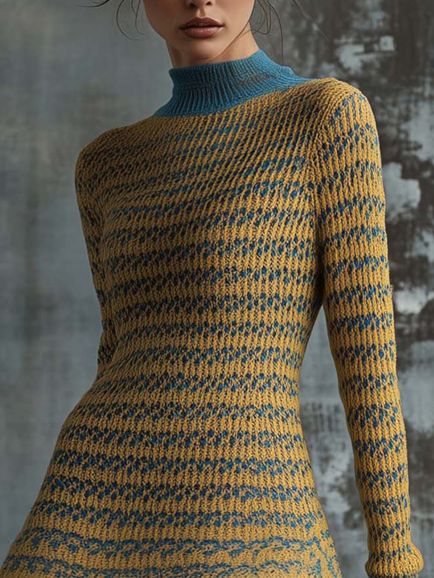 Yellow Knitted Mini Dress With Cyan Ruffles