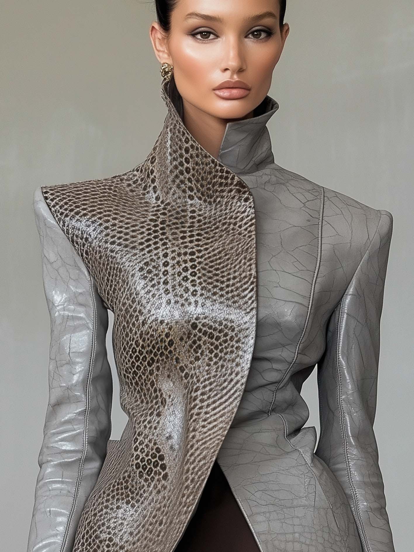 Gray Faux Leather Jacket With Stand-up Collar