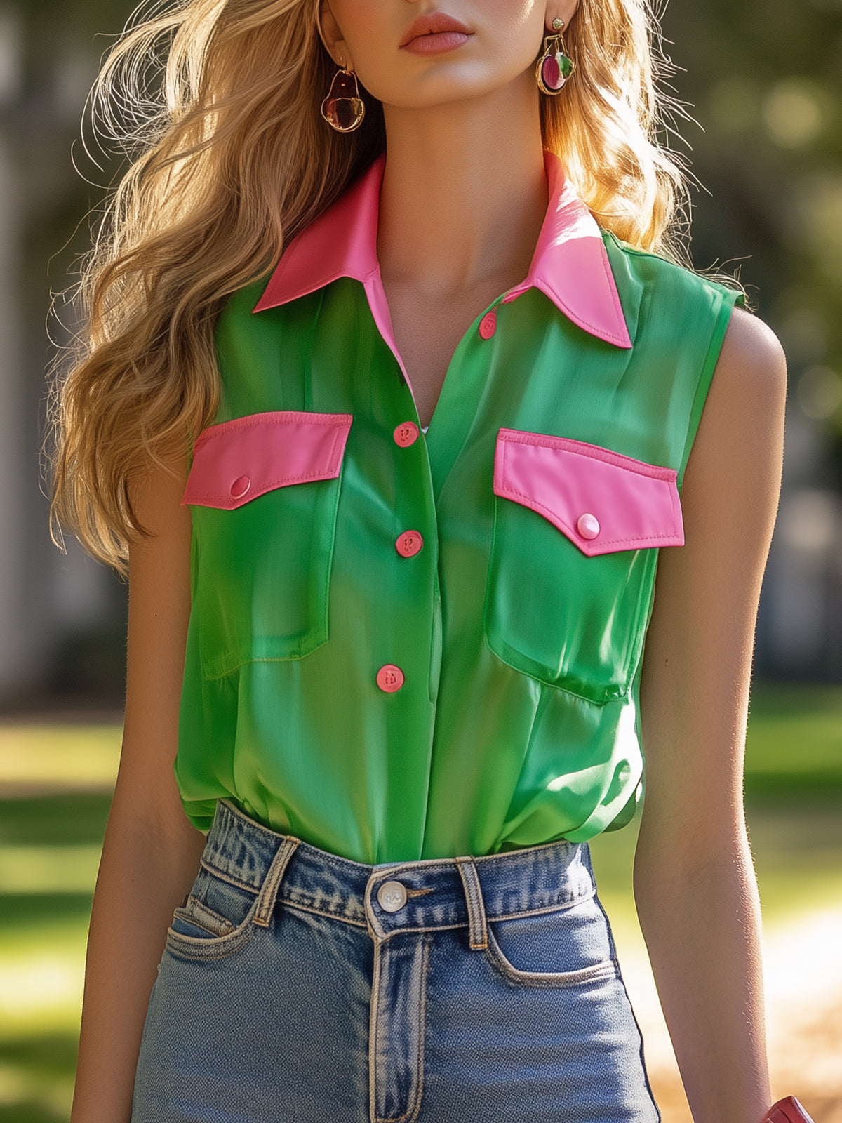 Trendy Retro Colorblock Chiffon Blouse