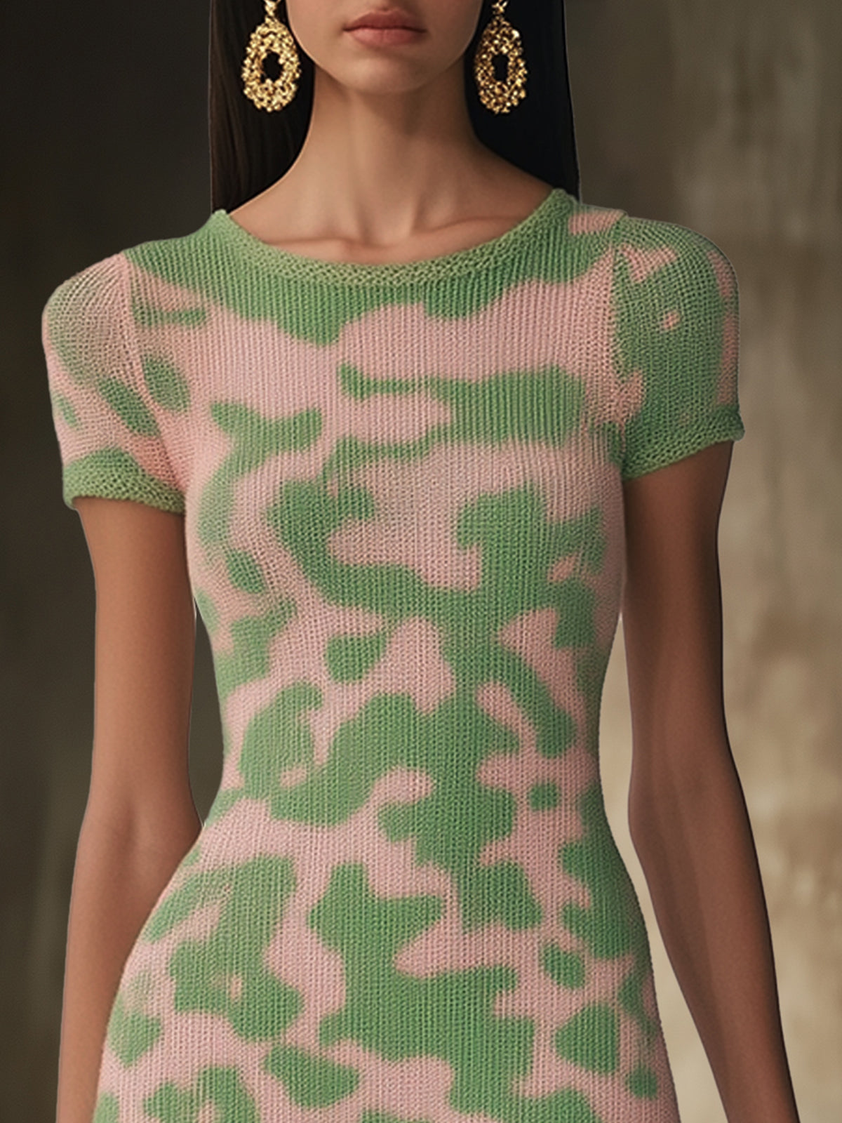 Pink And Green Abstract Print Knit Mini Dress