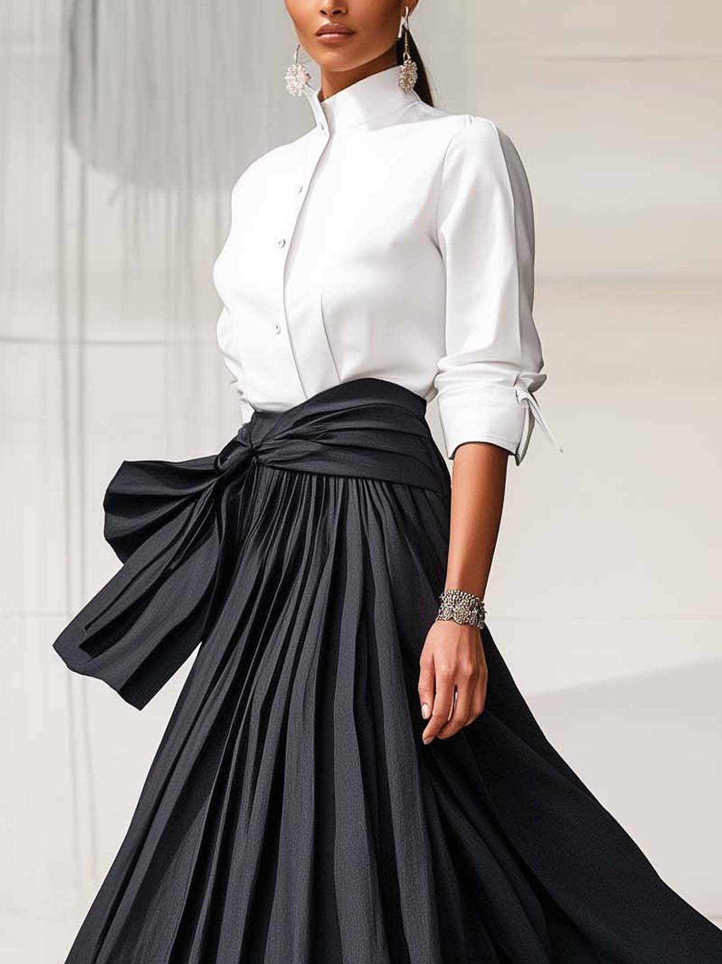 Black And White Maxi Shirt Dress With Belt
