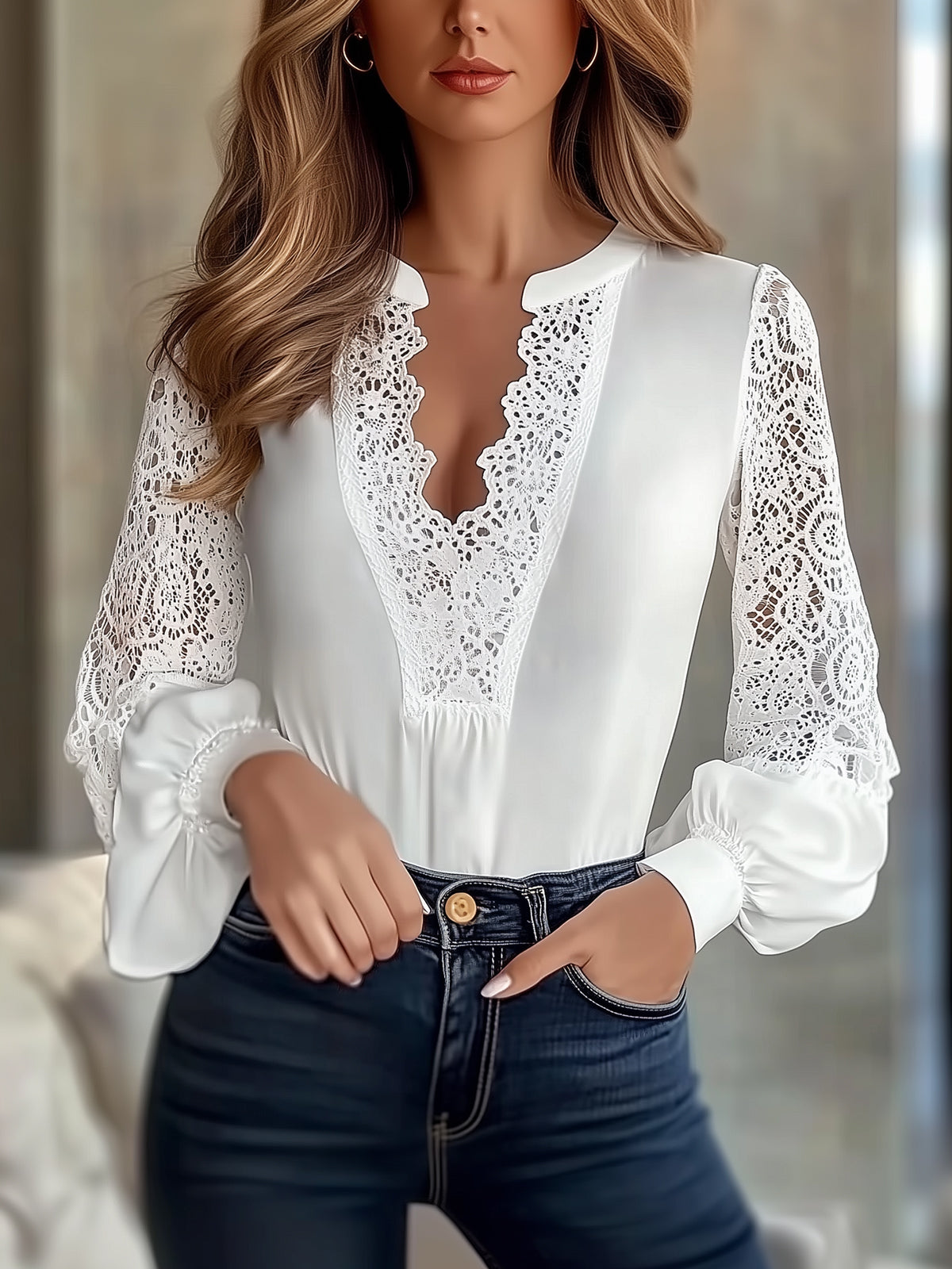 Elegant V-neck Lace Shirt