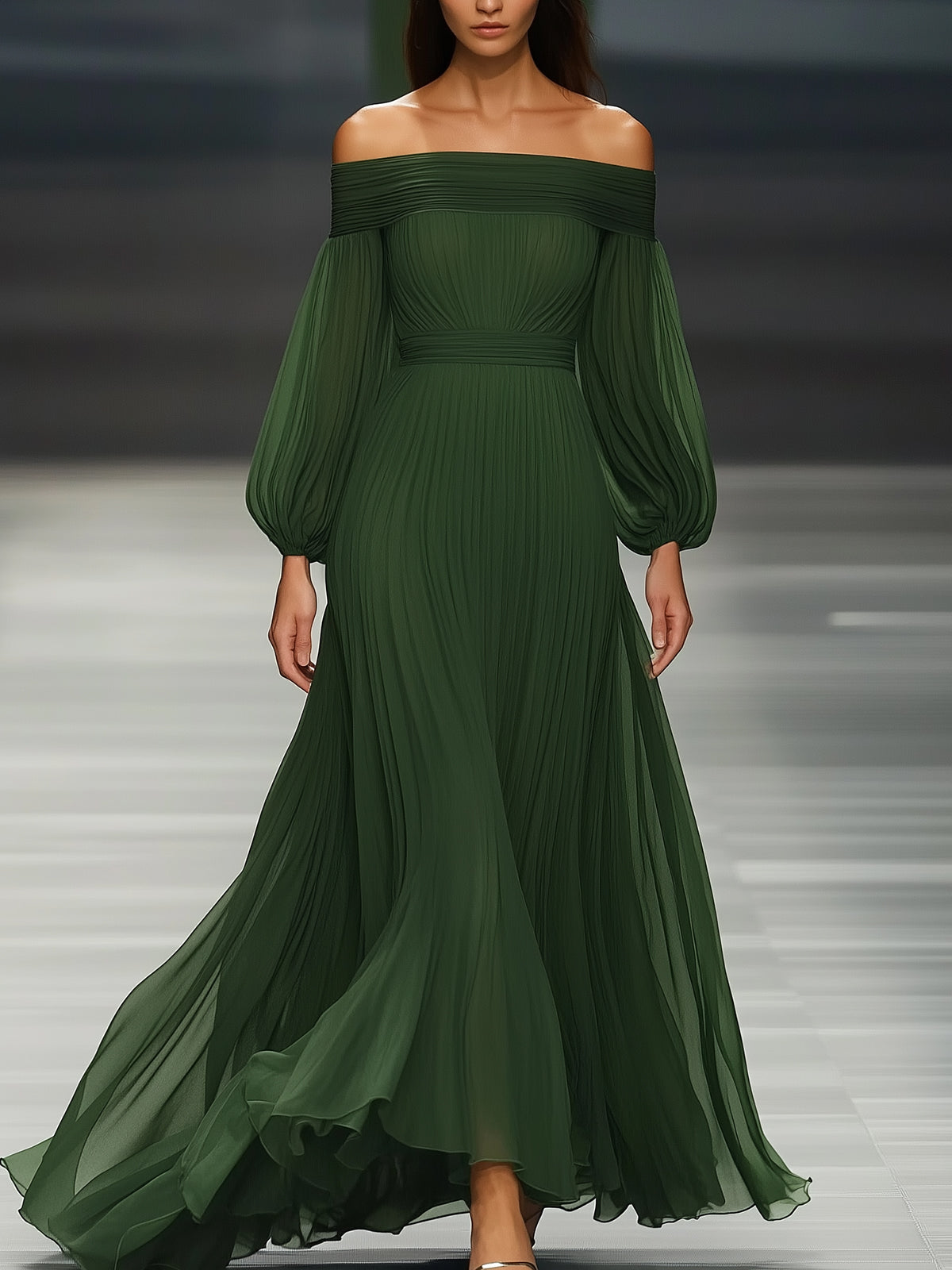 Off-shoulder Green Chiffon Maxi Dress