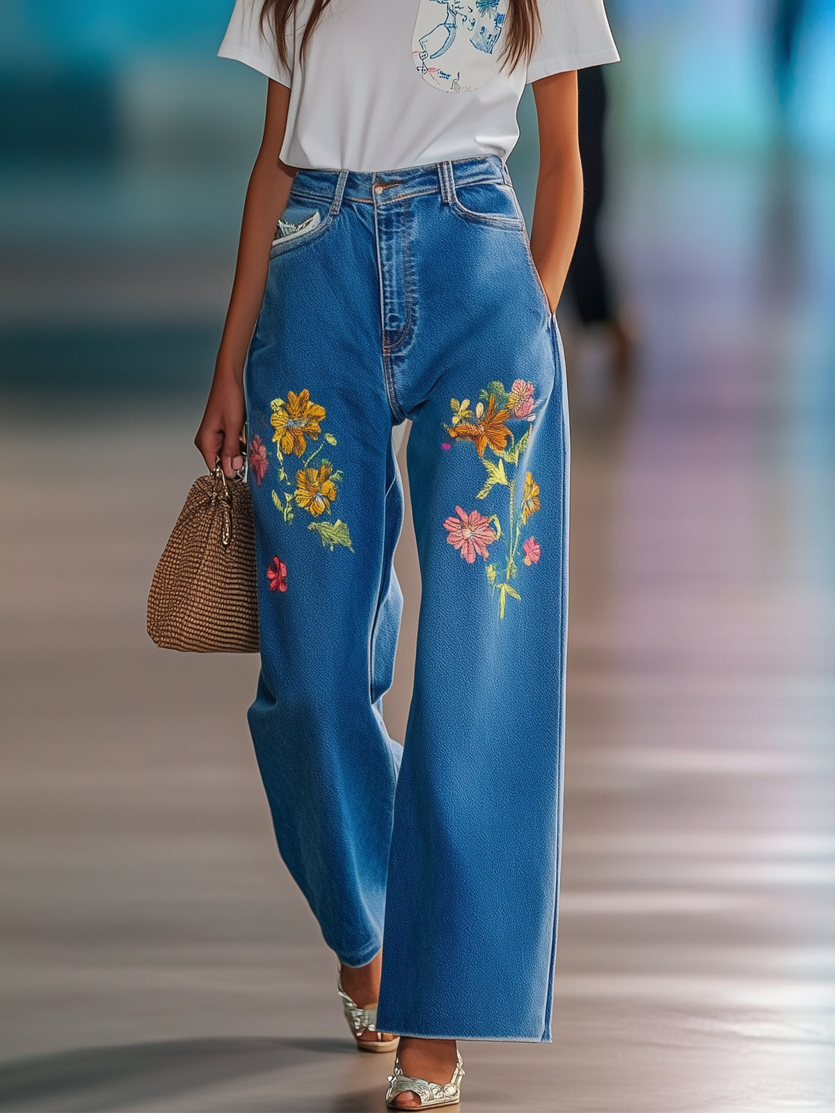 Fashionable Floral Print Jeans