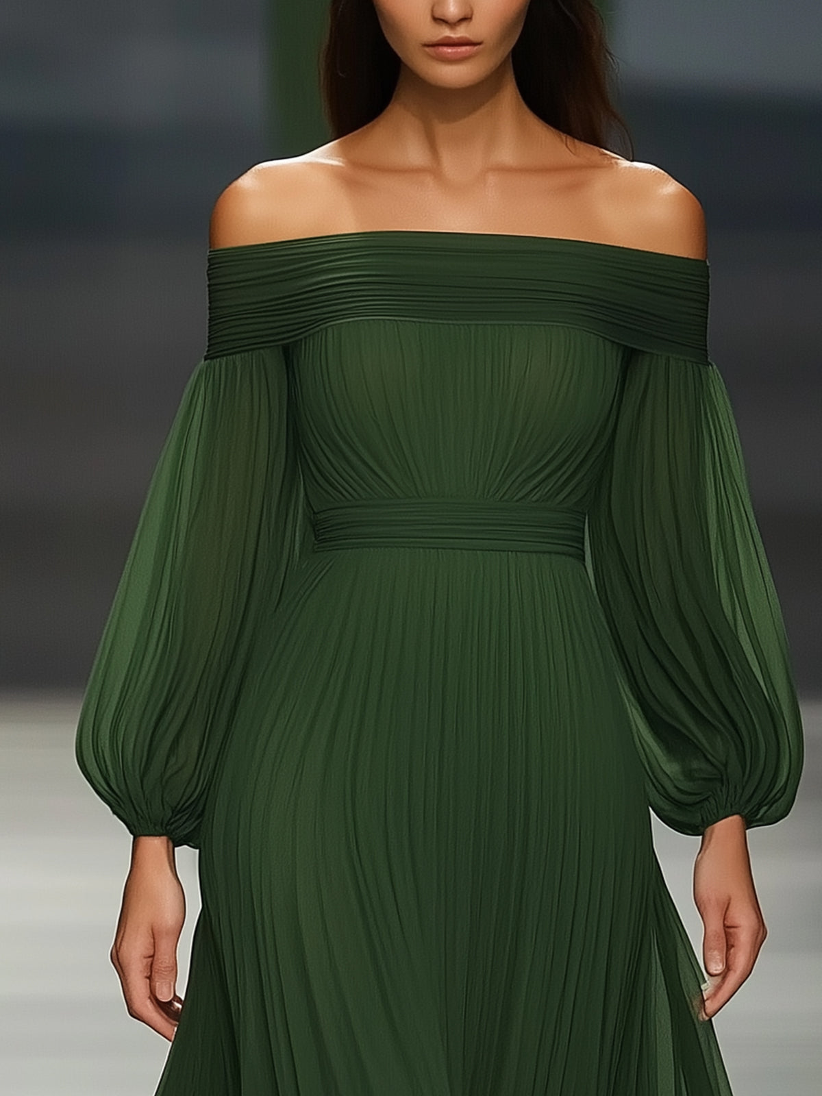 Off-shoulder Green Chiffon Maxi Dress