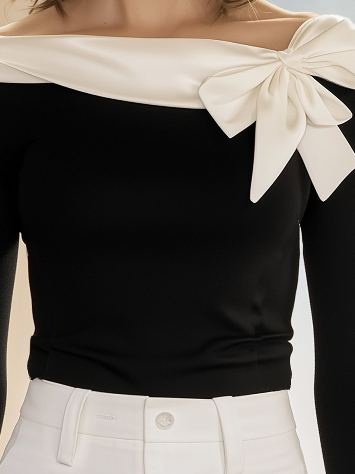 Black High Elasticity T-Shirt With White Bow Tie Neckline