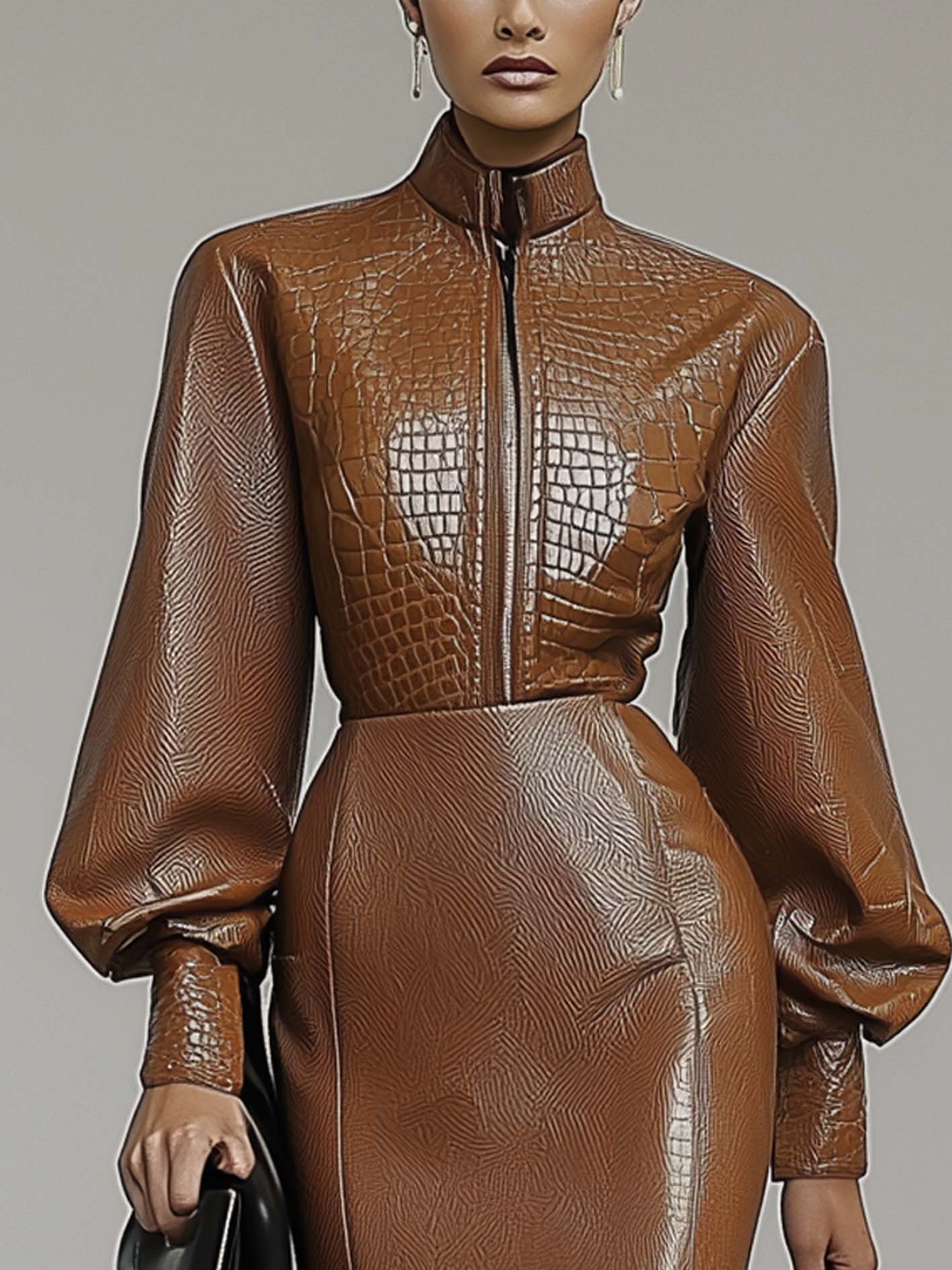 Textured Patchwork Brown Faux Leather Midi Bodycon Dress With Zipper
