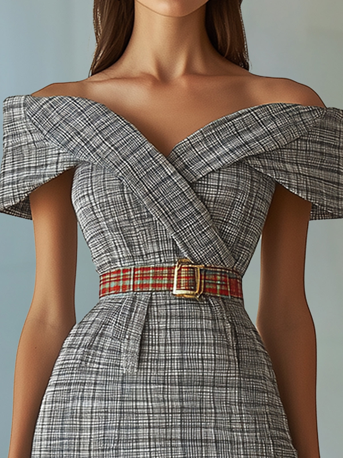 off-shoulder-plaid-bodycon-dress-with-belt
