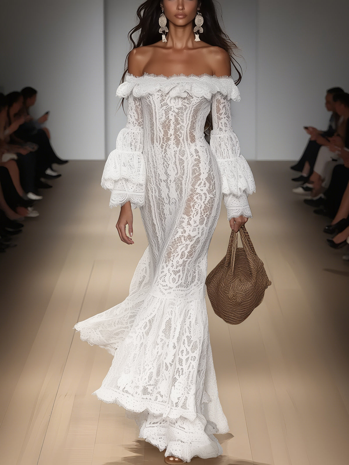 White Lace Ruffled Off Shoulder Floor Length Dress