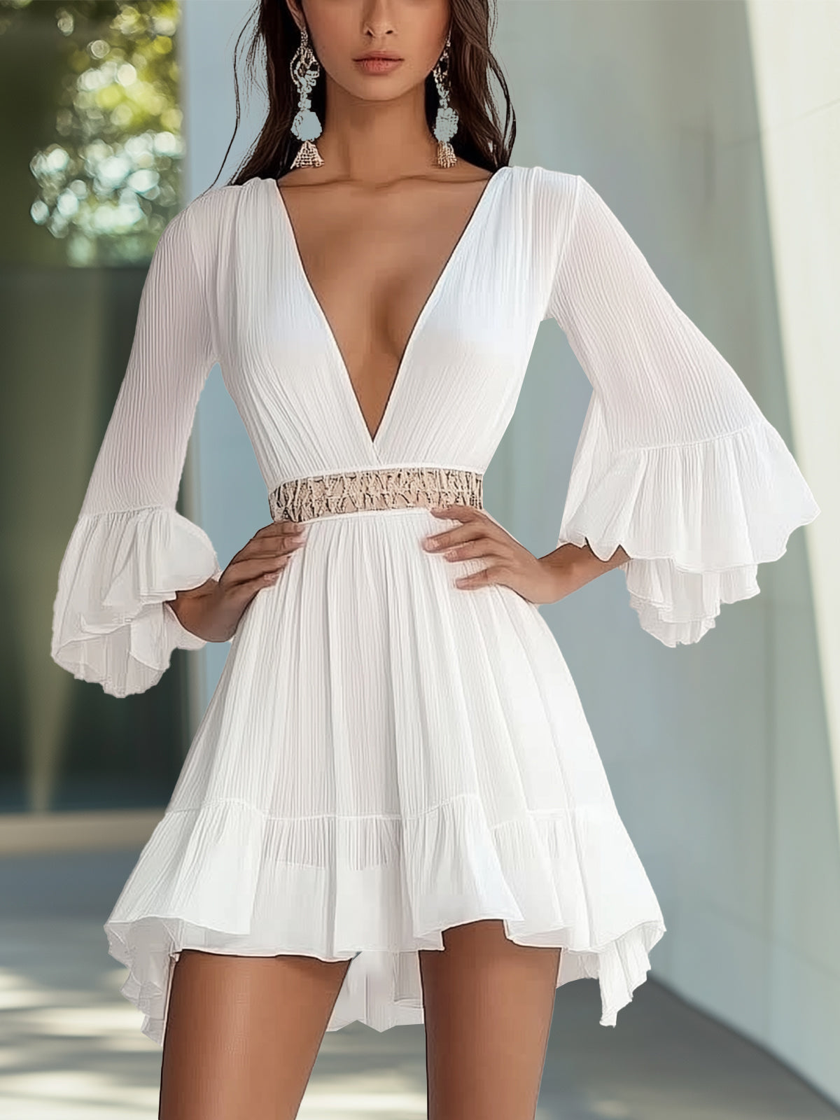 Deep V-Neck Flared Sleeve Chiffon Mini Dress