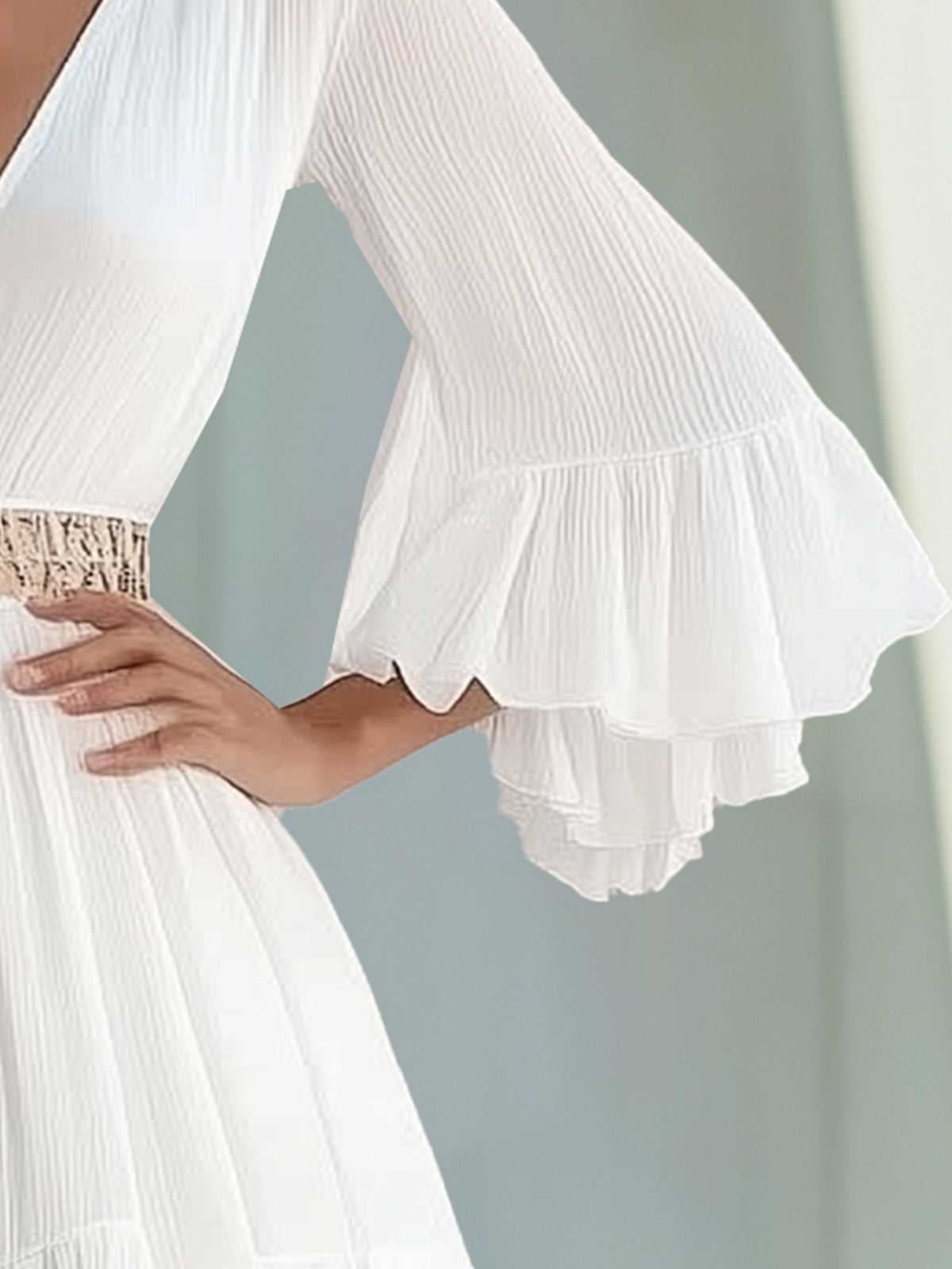 Deep V-Neck Flared Sleeve Chiffon Mini Dress