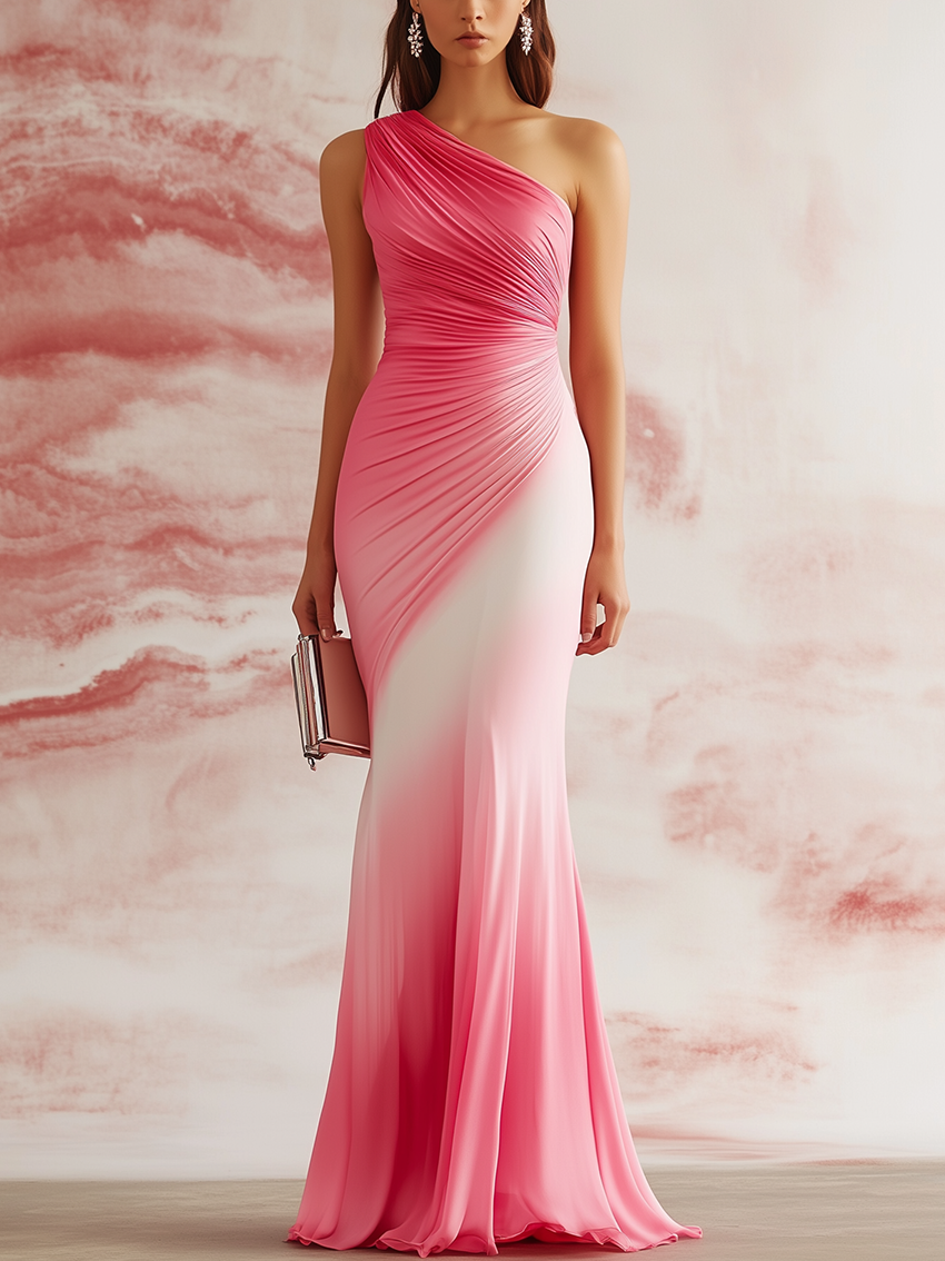 One Shoulder Pink Gradient Sleeveless Maxi Dress